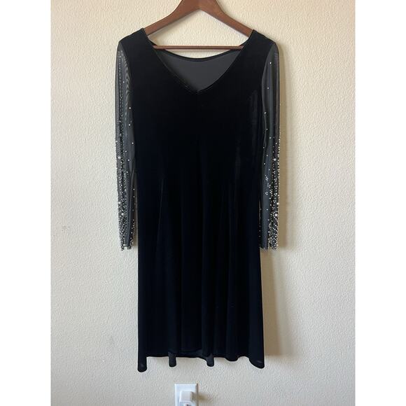 Marina Black Velvet A-Line Dress Sz M Mesh Pearl Beaded Sleeves Elegant Formal - Picture 6 of 10
